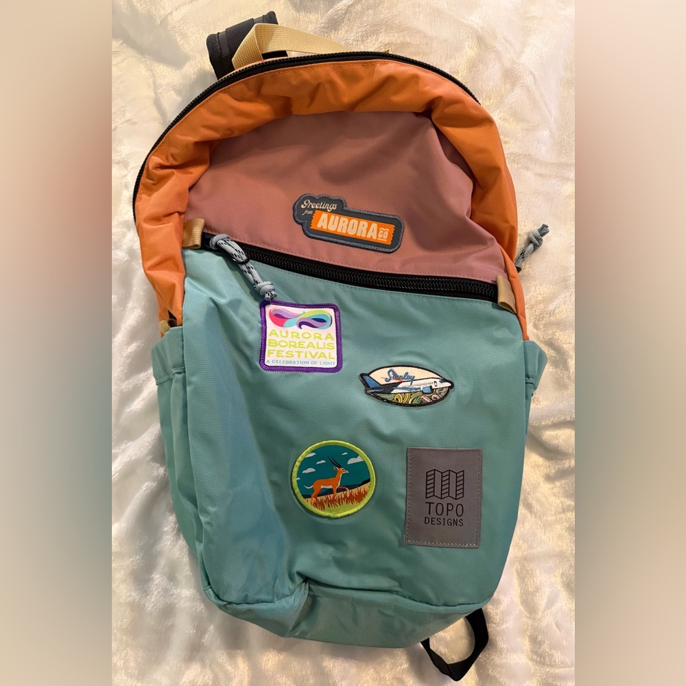 Topo Designs Two-Tone Mint Green and Orange Backpack with Patches
